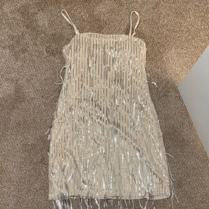 Beaded Ivory Mini Dress with Silver Sequin Fringe